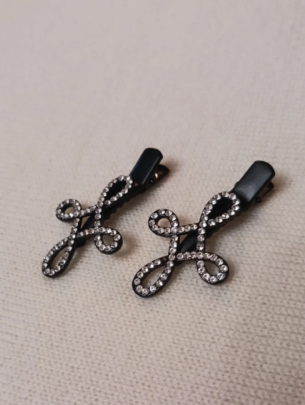 Vintage Black Metal Rhinestone Loop Hair Clips - Pair